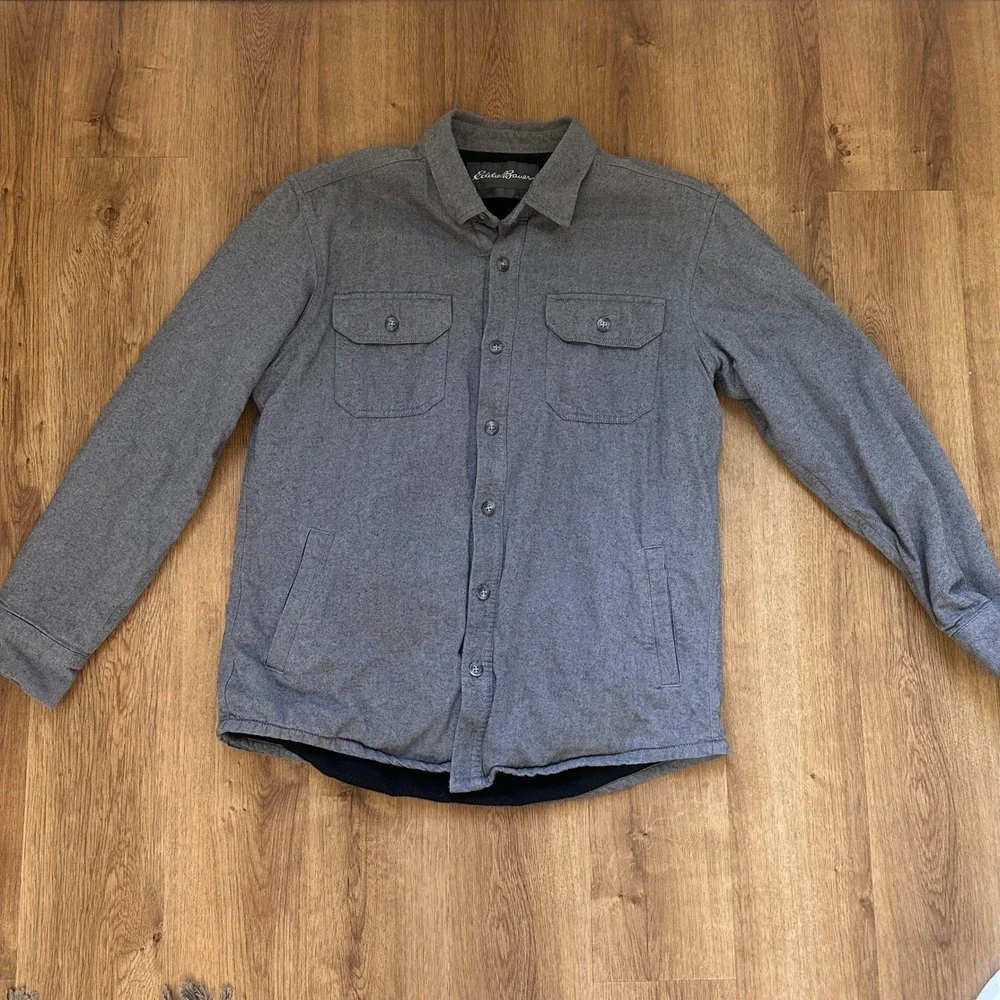 Eddie Bauer Men's Gray Fleece Lined Shirt Jacket Shaket Size Medium